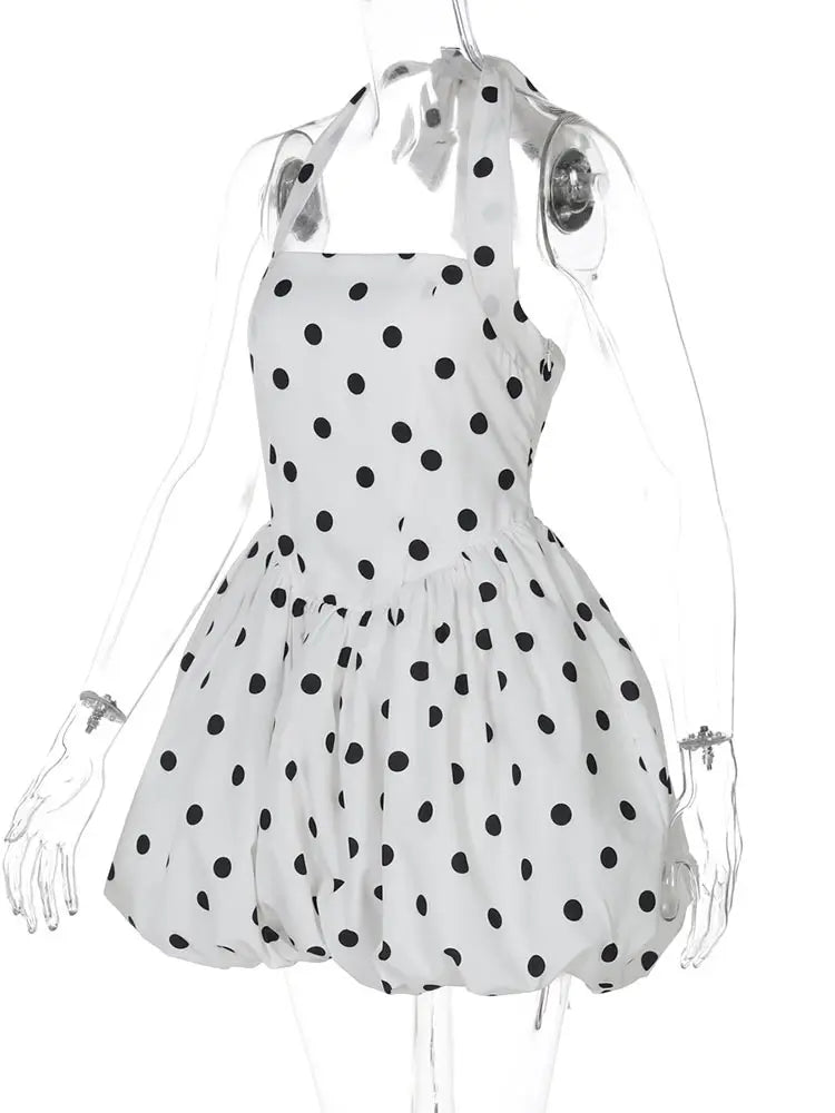 Polka Dot Halter Strapless Dress Women Elegant Sleeveless Backless Waist Cinching Ball Gown