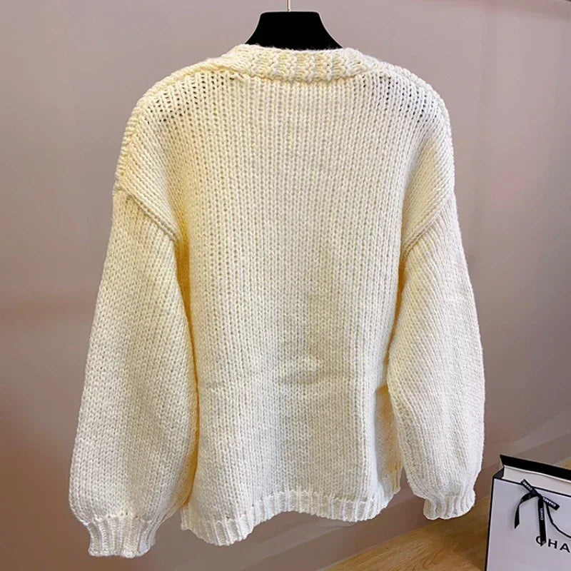 Women Handknit Floral Vintage Apricot Cardigan Women Sweater Clothes Knitwear