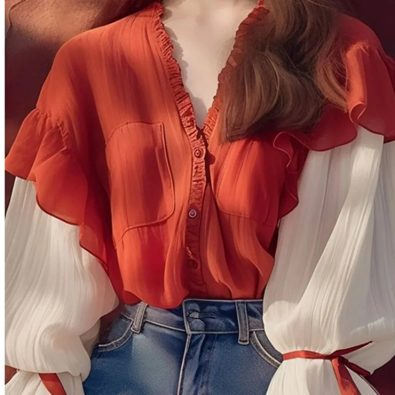 Chiffon Vintage Women's Shirts Patchwork Women Shirts Loose Long Sleeves Blouse
