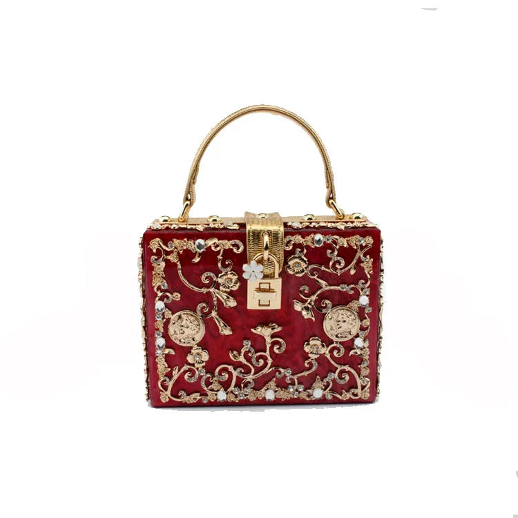 High-Grade Crystal Evening Bag Female New Hollow Out Metal Carved Flower Diamond Handbag