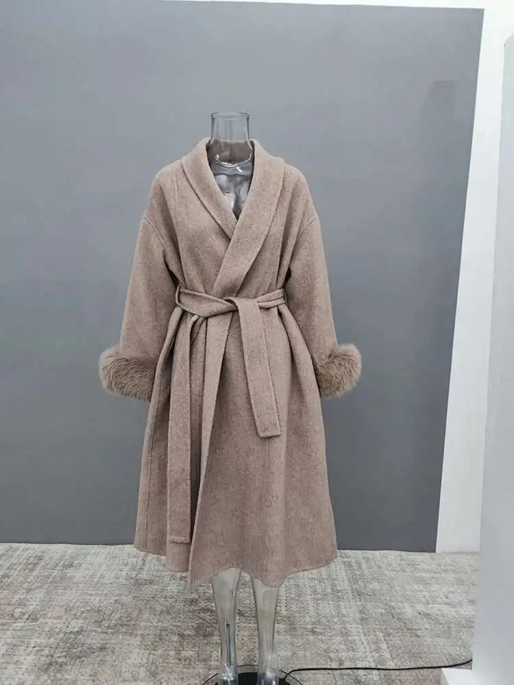 Women Overcoats Fur Patchwork Long Sleeve Woolen Coat