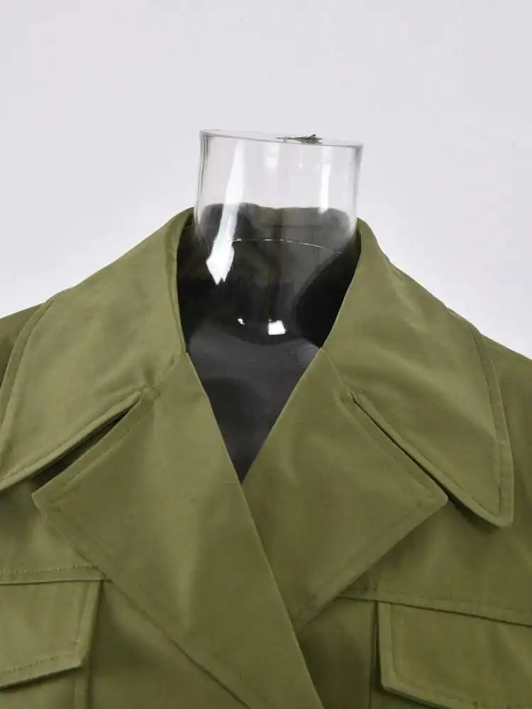 Vintage Gauze Patchwork Windbreaker Women Lapel Double Belt Gathered Trench Coat