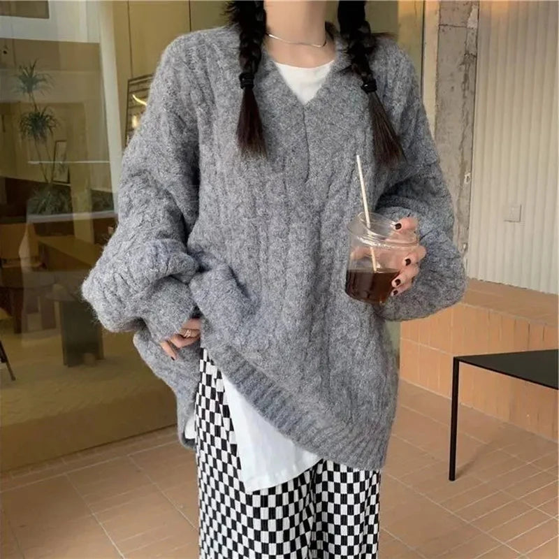 Lantern Sleeve Knit Sweater Women Korean Solid Twist V-Neck Pullover Jumper