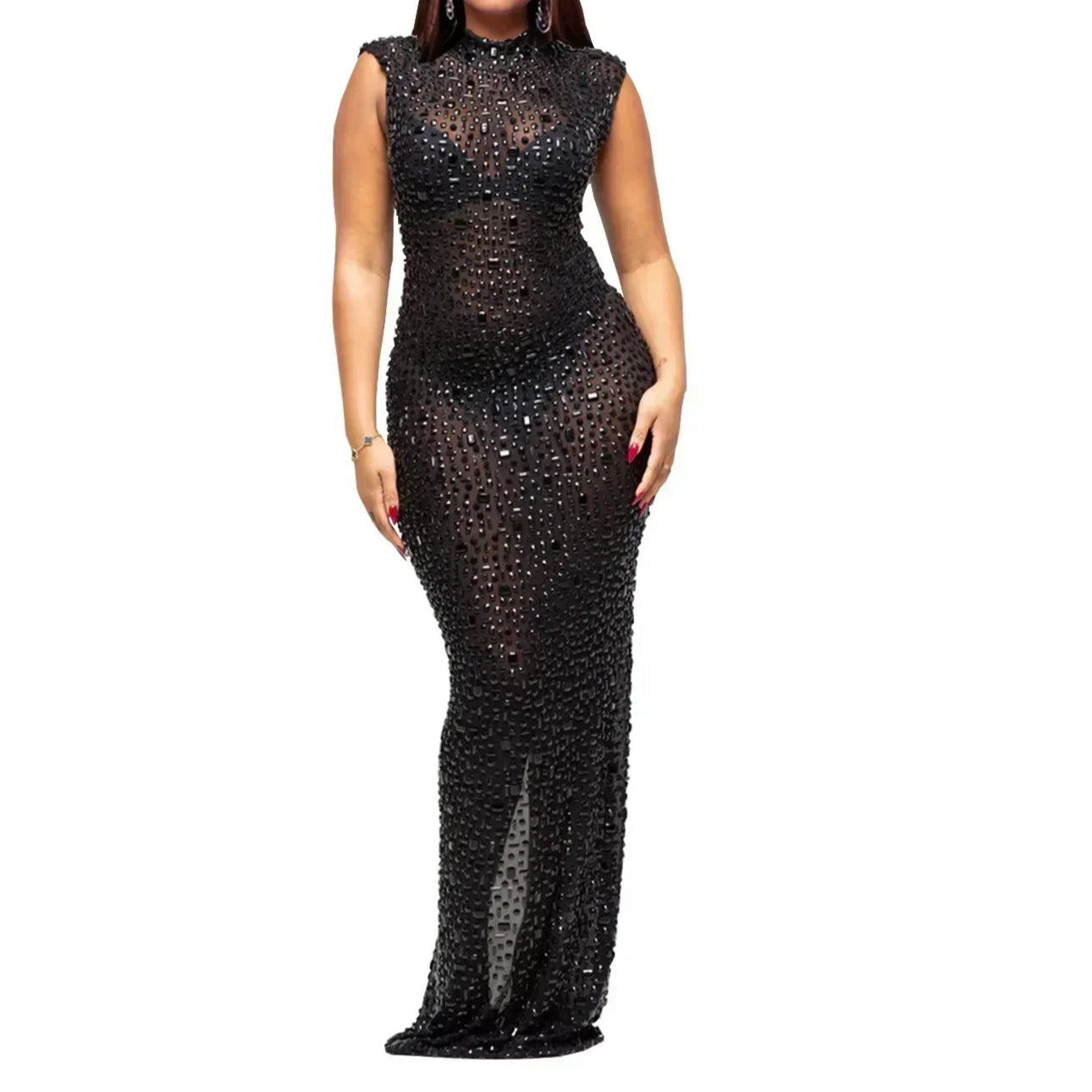 Cocktail Dress Diamonds Hot Rhinestones O-neck Women Sleeveless Bodycon Maxi Dress