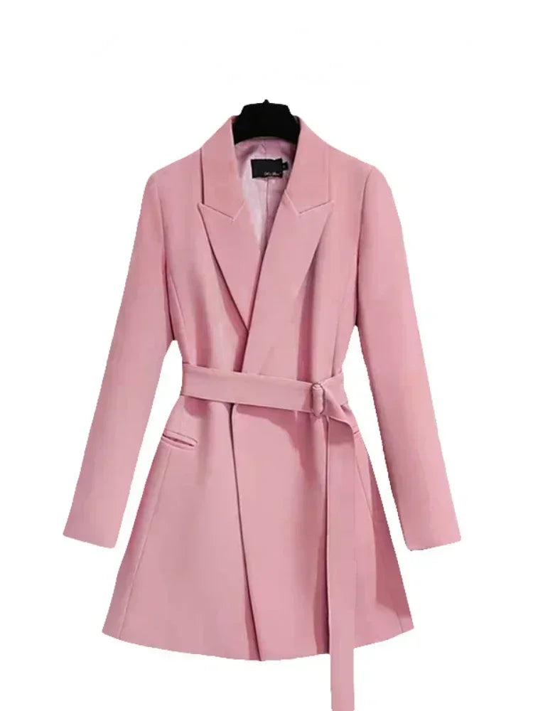 Women's Blazer Elegant Slim Fit Coats Casual Lace Up Women Mid Length Blazers