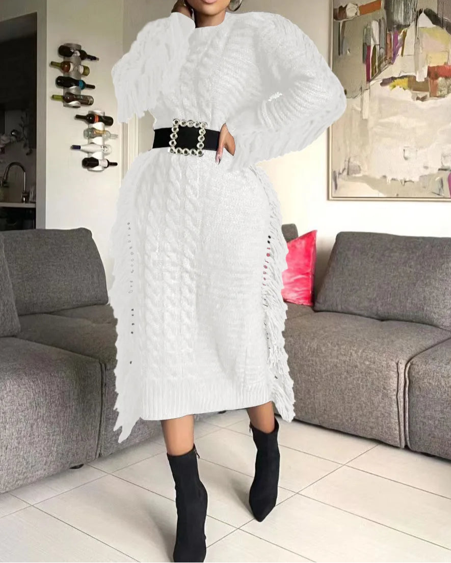 Women Long Sleeve Tassel Bodycon Midi Knit Dress O-neck Sweater Dress