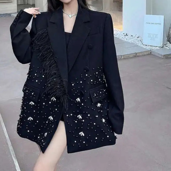 Stamping Nail Beads Blazer for Women's Notched Collar Double Breasted Loose Feather Patchwork Suit Jacket