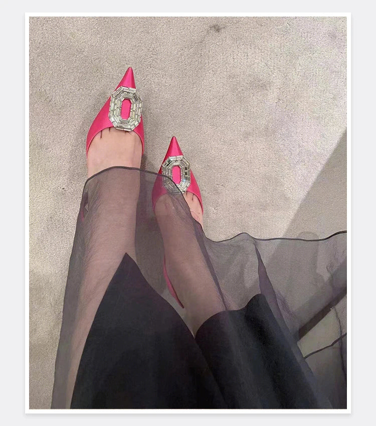 Oval Rhinestone Buckle Toe Sandals Pointed Thin Heel Hollow Banquet High Heels