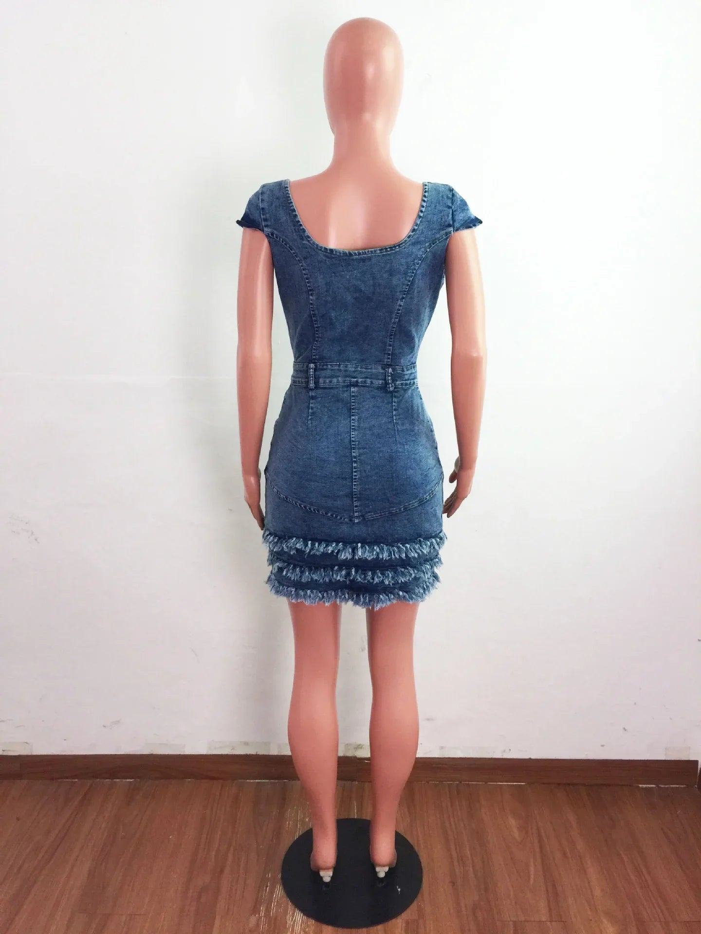 Women Sexy Short Sleeve Denim Dress Slim Fit Tassel Package Hip Pocket Button Denim Dresses Sheath Backless Tight High Waist