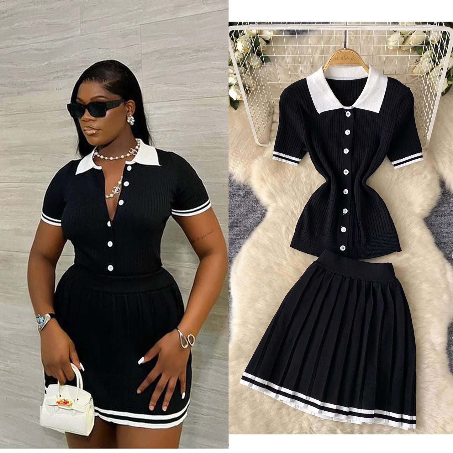 Mini Skirt Set Women Two Piece Sets Polo Collar Knit Shirt Tops Skirt Sets Casual Y2k