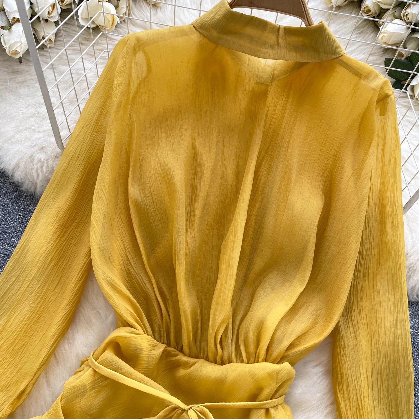 3D Floral Vintage Shirt Women Lapel Neck Long Sleeves Sheer Bohemian Organza Blouse