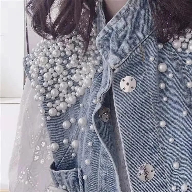 Women Pearl Denim Waistcoat Korean Fashion Cardigan Vintage Loose Vest