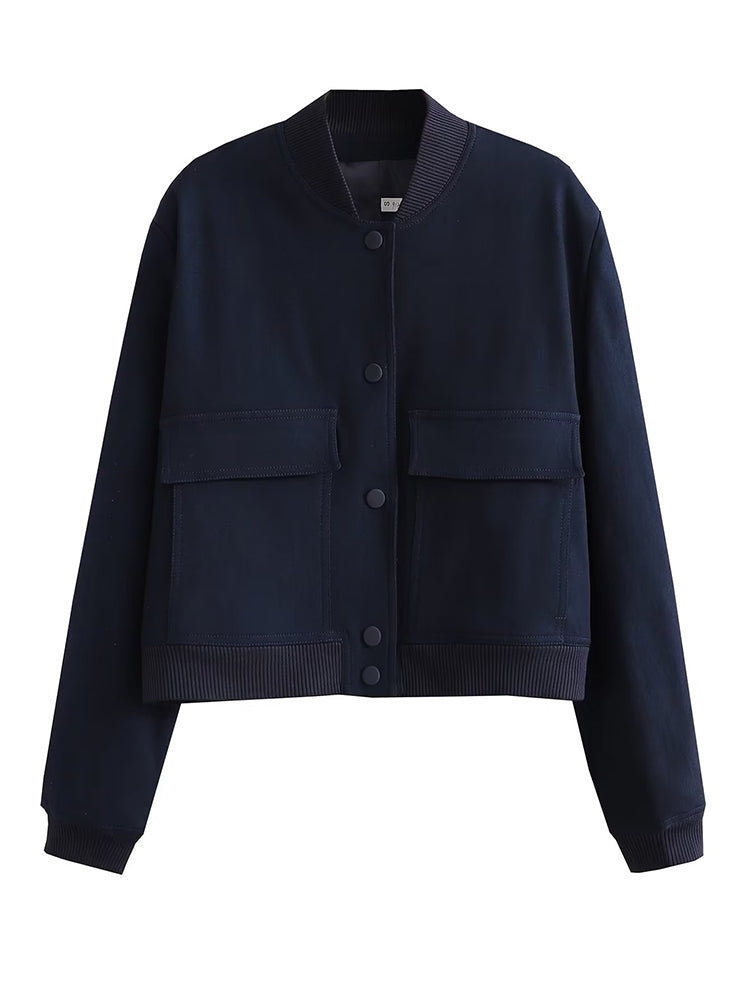 Solid Bomber Jackets Coat With Pockets V-Neck Single Breasted Long Sleeves Jacket