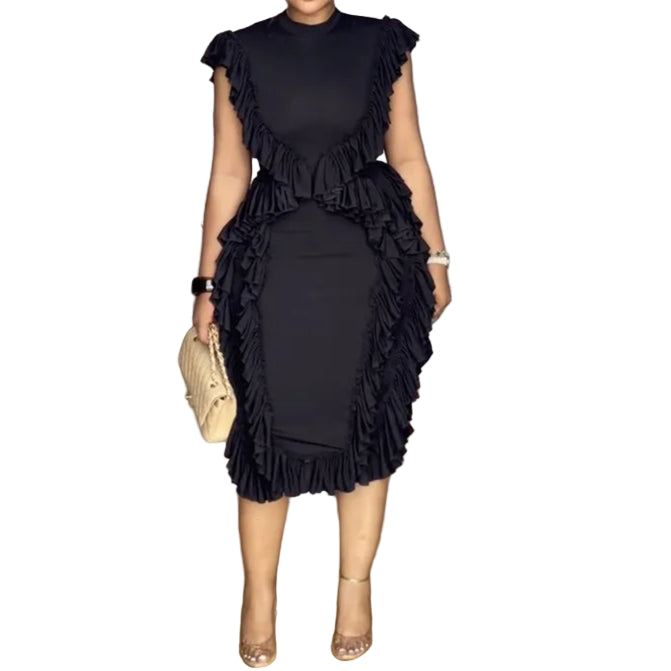 Elegant Black Dress Sleeveless Bodycon Round Neck Casual Vintage Midi Dress