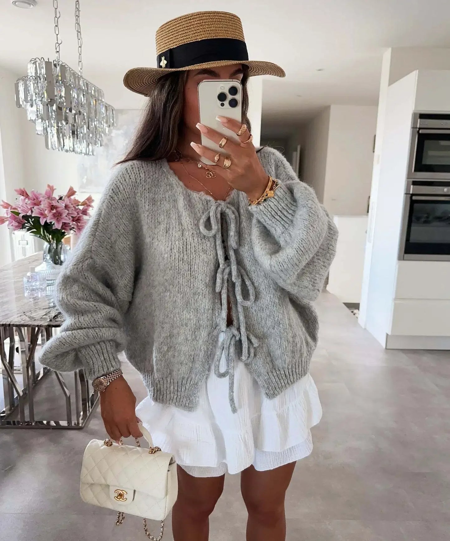 Elegant Knitted Cardigan Sweater Women's Lace up Cardigan