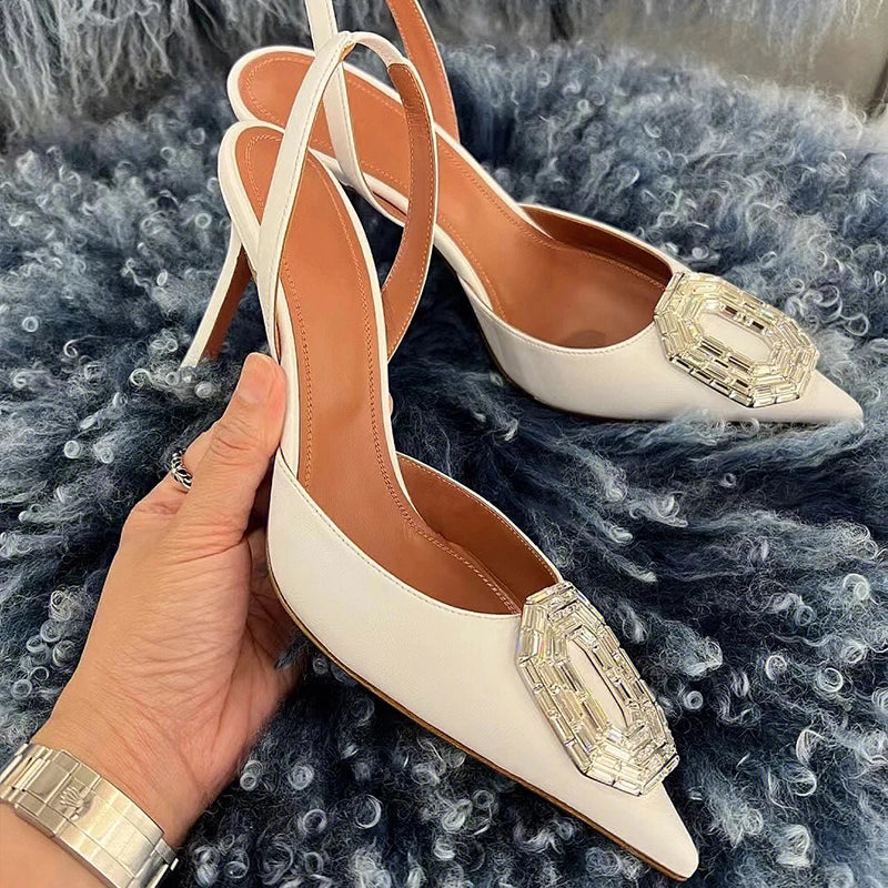 Oval Rhinestone Buckle Toe Sandals Pointed Thin Heel Hollow Banquet High Heels
