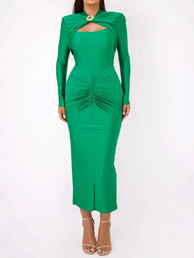 Hollow Out Long Sleeve Maxi Dress For Women Metal Buckle Bodycon Cocktail Dress