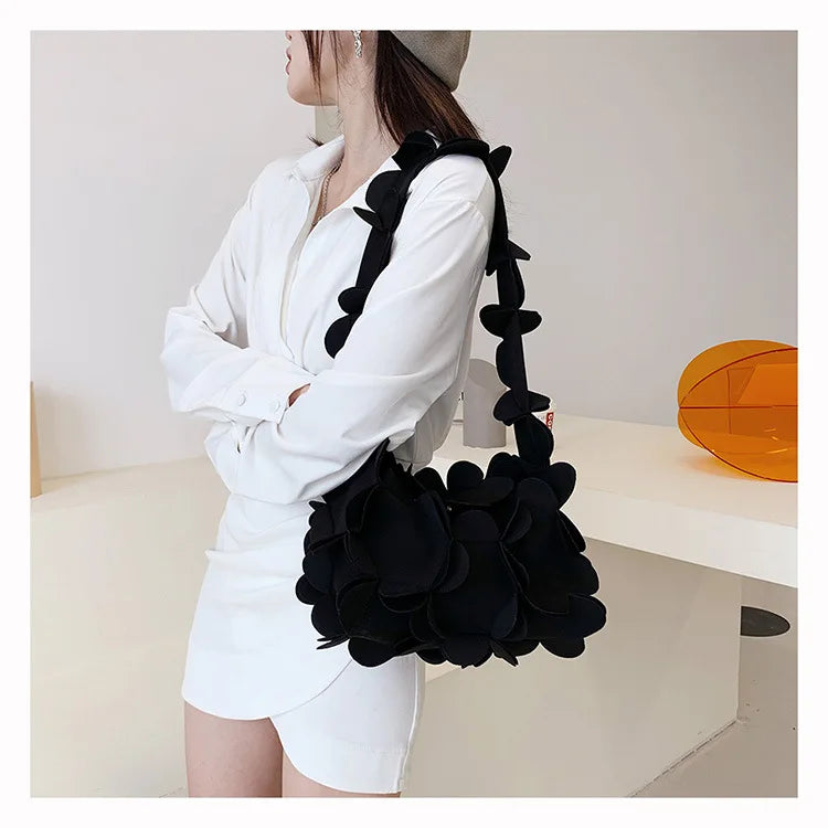 3D Flower PU Leather Armpit Purse Shoulder Bags Women Solid Color Fabric Crossbody Bag