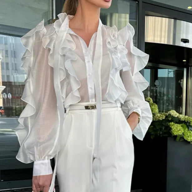 Women Ruffles Shirt Blouses Office Wear Long Lantern Sleeves Sheer Mesh Fabric Blouse