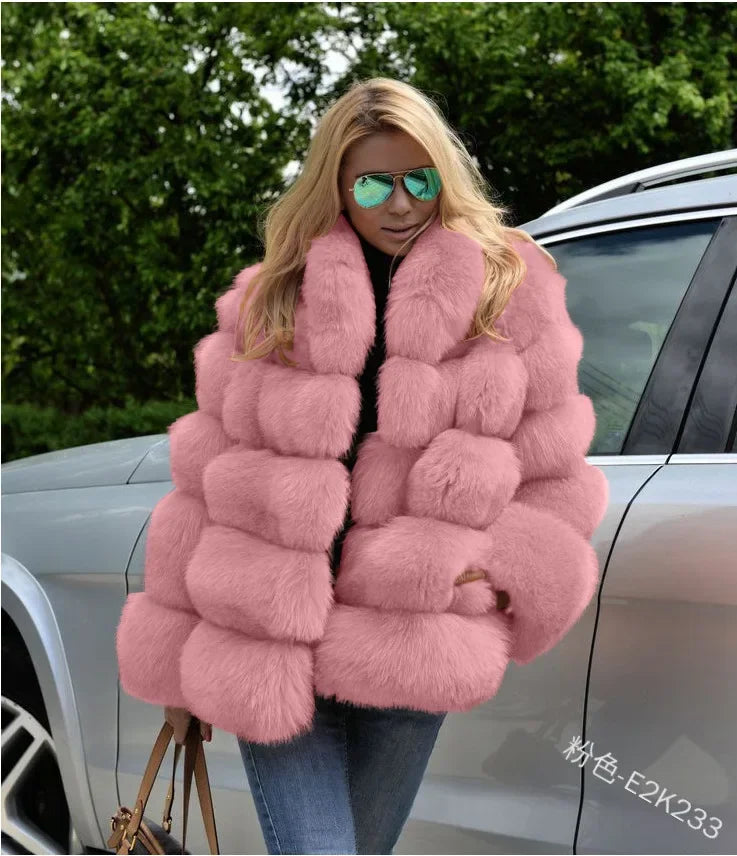 Women Faux Fox Fur Coats Turn Down Collar Thick Warm Elegant Jackets Streetwear