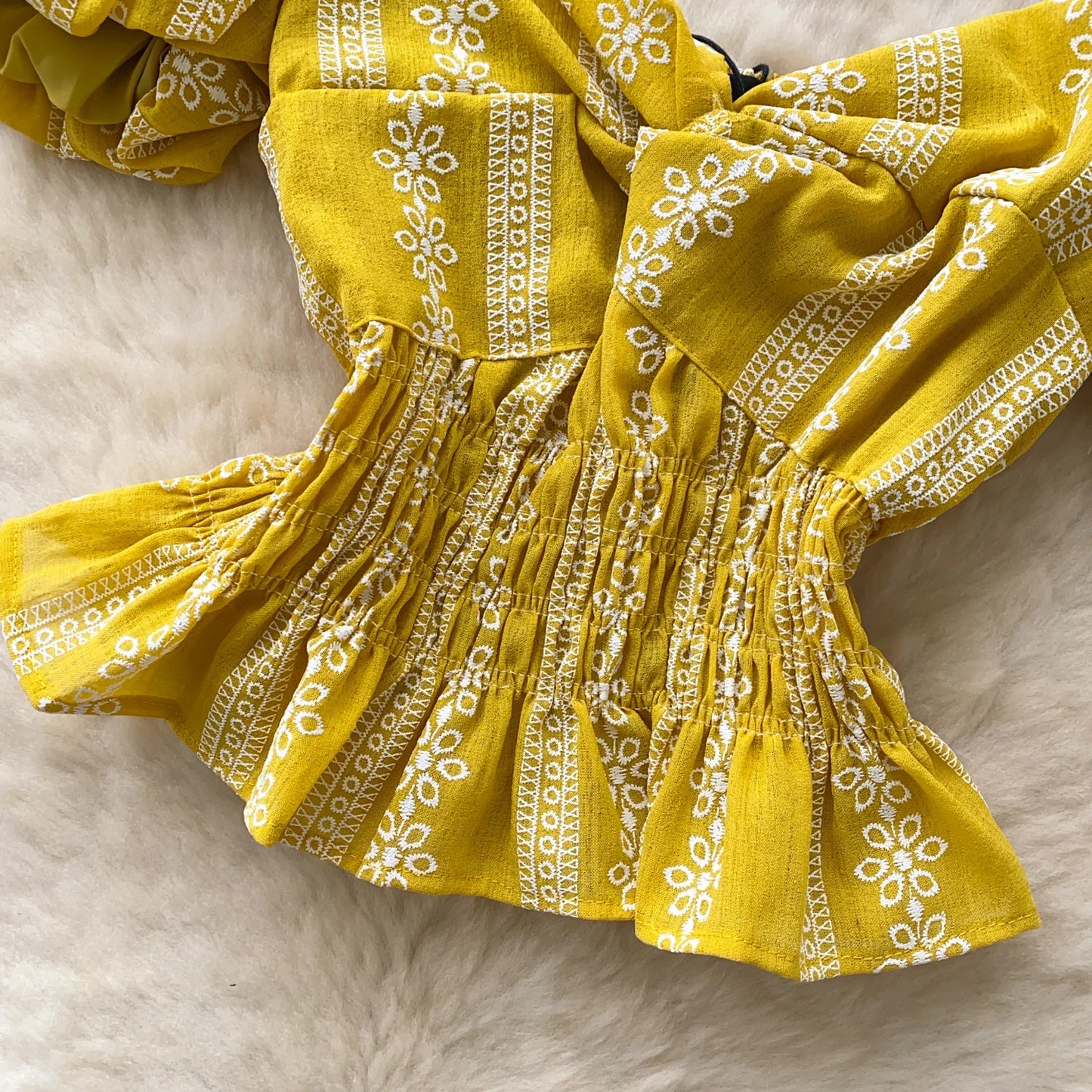 Jacquard Blouse Square Collar Puff Sleeves Elastic Slim Crop