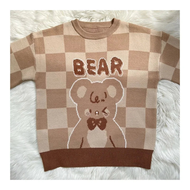 Sweet Bear Jacquard Pattern Sweater Harajuku Women Cute Loose Knitted Pullover