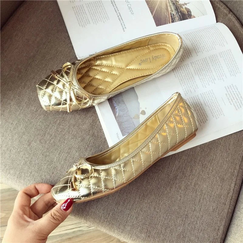 Women Flats Square toe Soft Ladies Shoes Ballet Flats Black Gold Color