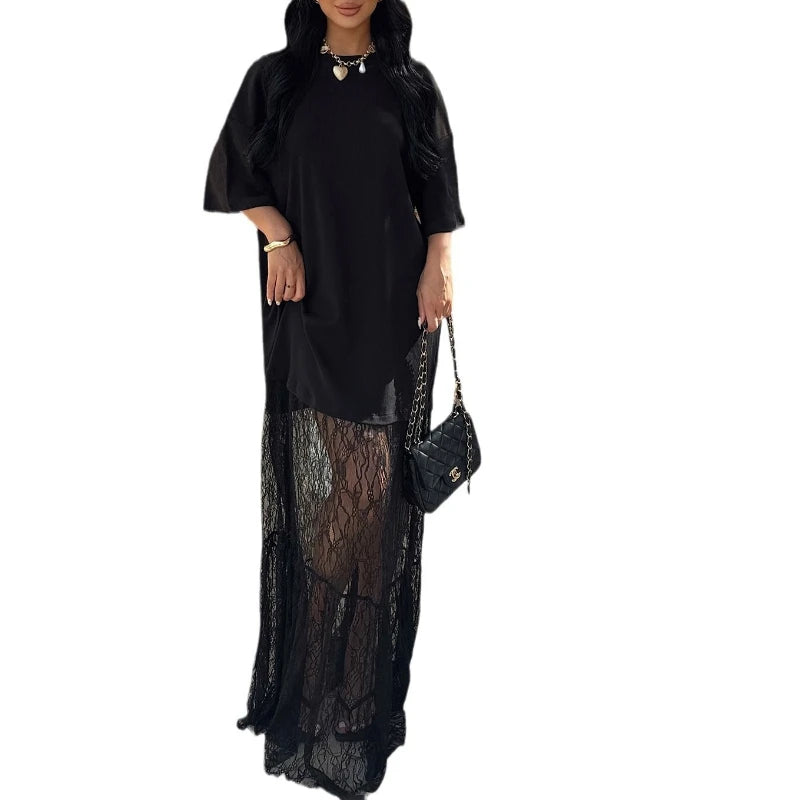 Lace Dress Round Neck Shirt with Stitching Lace Trim Women's Dress
