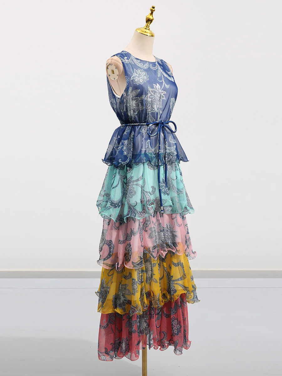 Colorful Print Ruffle Maxi Dress Spliced Lace Up Robe for Women Round Neck Sleeveless High Waist Patchwork Ruffles Dress