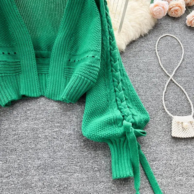 Green Casual Acrylic Knit V-Neck Lantern Long Sleeve Lace Up Women's Cardigan