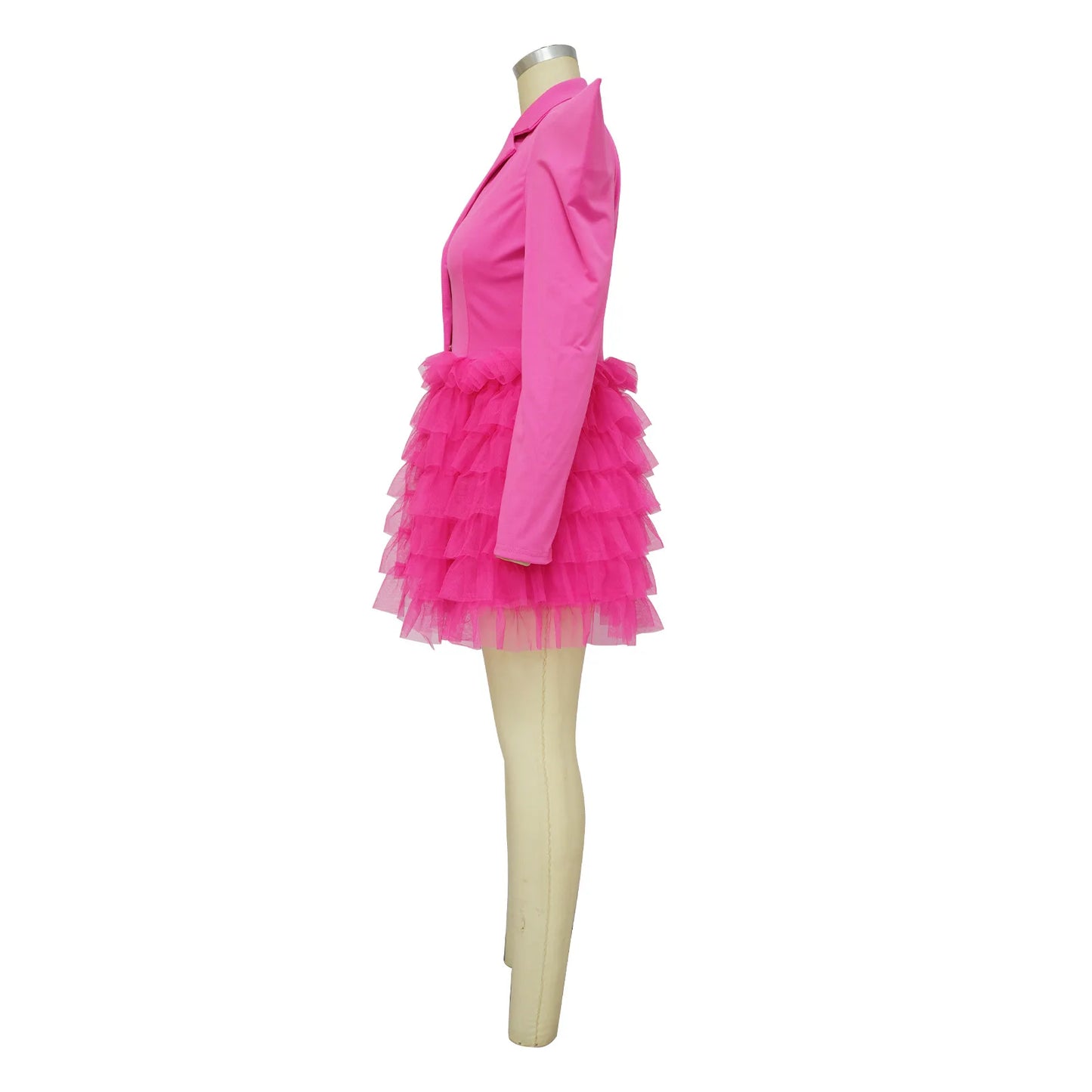 Mesh Paneling Solid Right Shoulders Long Sleeves Cake Dress For Women