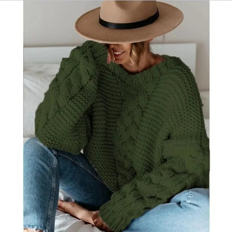 Loose Knitted Casual Sweater V Turtleneck Twist Women's Pullover Sweater