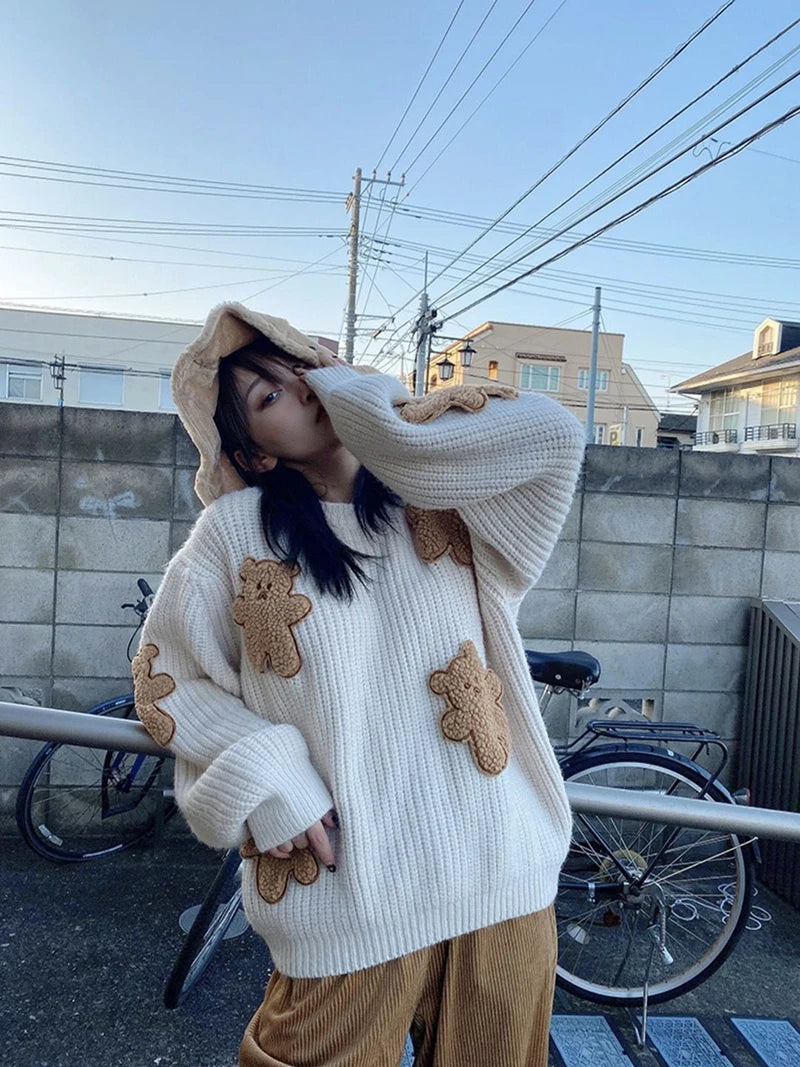 Sweet Cartoon Bear Sweater Women Cute Knitted Pullover Oversized Knitwear