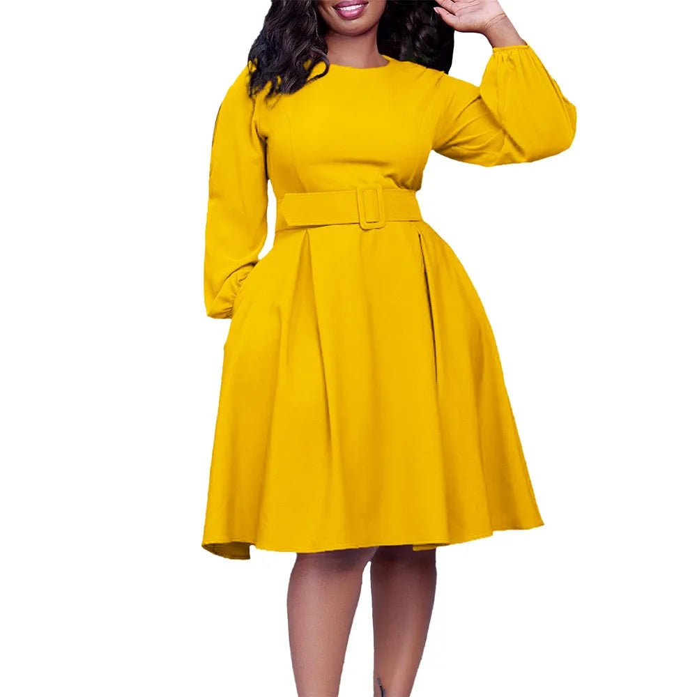 Elegant Office Dresses Women O Neck Full Sleeve Belt Waisted Pleated A Line Mid Calf Formal Female Business Work Wear Dress Midi
