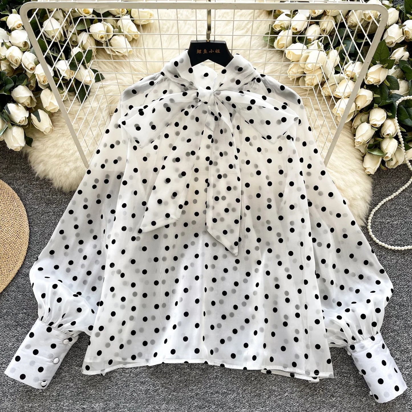 Vintage Polka Dot Tops Puff Sleeve Bow Lace Up Design Blouse