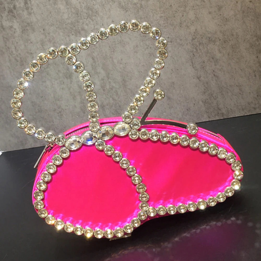 White Rhinestone Pink Butterfly Wedding Evening Clutches Party Prom Purse