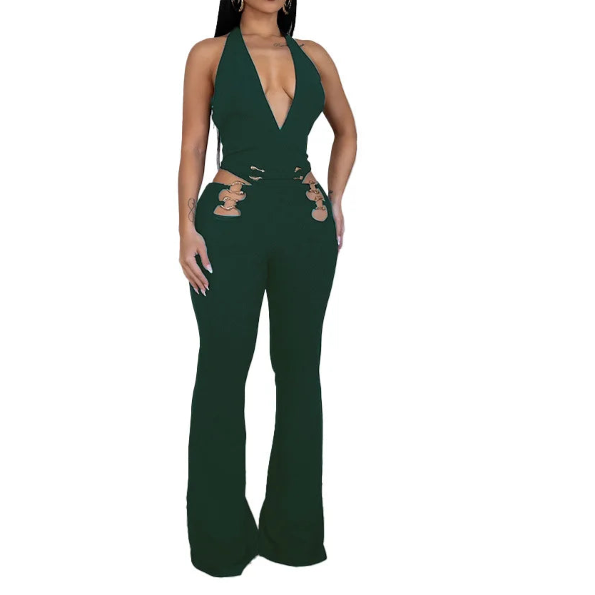 Women V-Neck Backless Straight Sleeveless Flare Jumpsuits One Piece Outfits