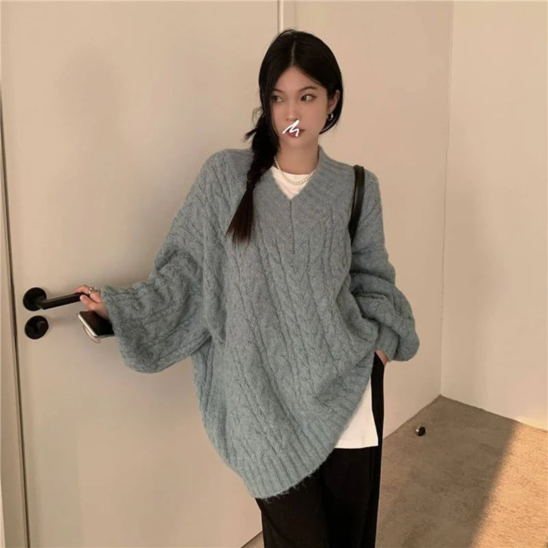 Harajuku Women Sweater Cute Oversized Knitted Pullover V Neck Sweater