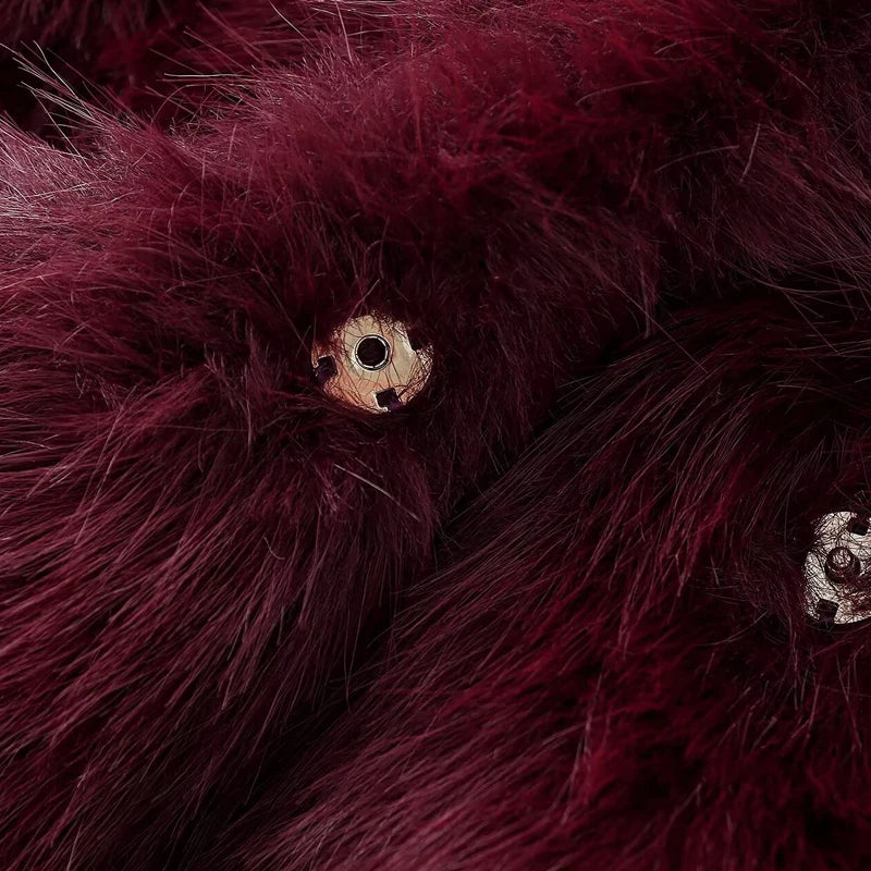 Women's Fur Coat Plush Burgundy Bomber Jacket Solid Crop Jacket Winter Coats