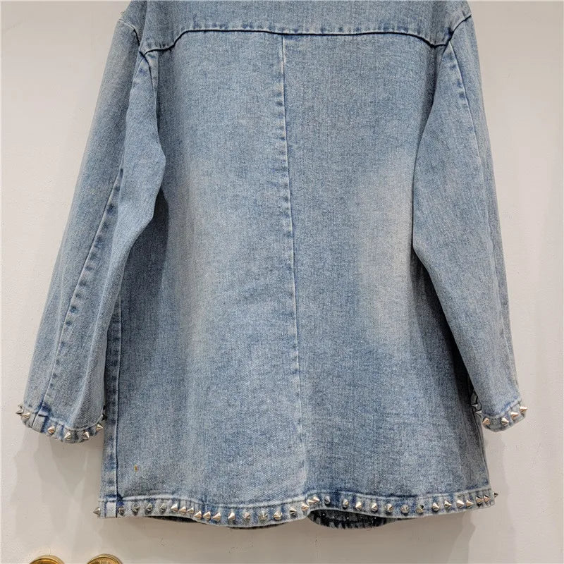 Women Pearls Beaded Denim Jacket Turn Down Collar Jeans Blazers