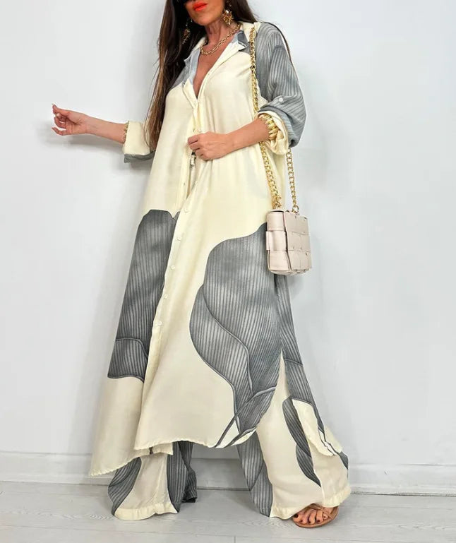 Elegant Lady Two Piece Set Printed Long Shirt Top + Wide Leg Pants 2-piece Outfit Oversized Sets