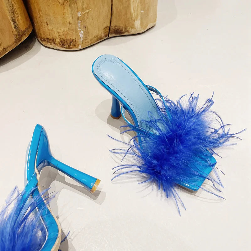 Fur Feather High Heels Slippers Sandals Women Summer Mules Ladies Shoes