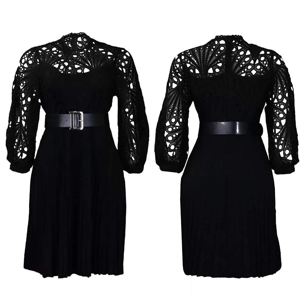 Elegant Dresses for Women O Neck Three Quarter Sleeve Belt Waisted Lace Patchwork Knee Length Luxury Female Birthday Party Dress