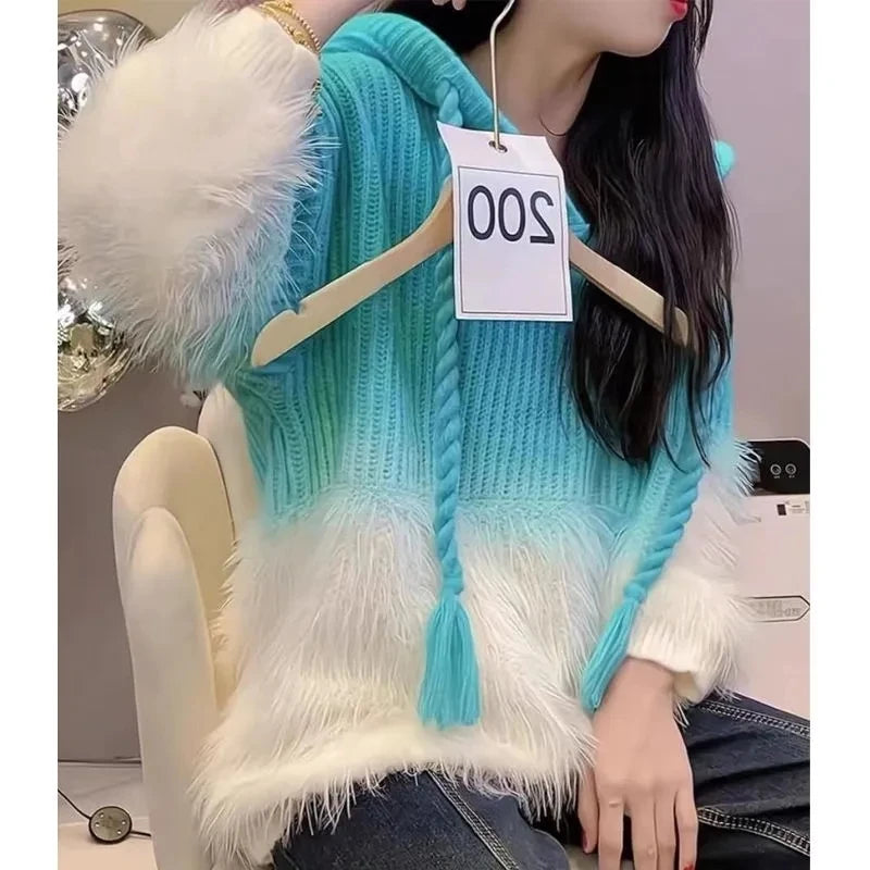 Tassel Pullover Long-Sleeved Sweater Hooded Loose Knitwear