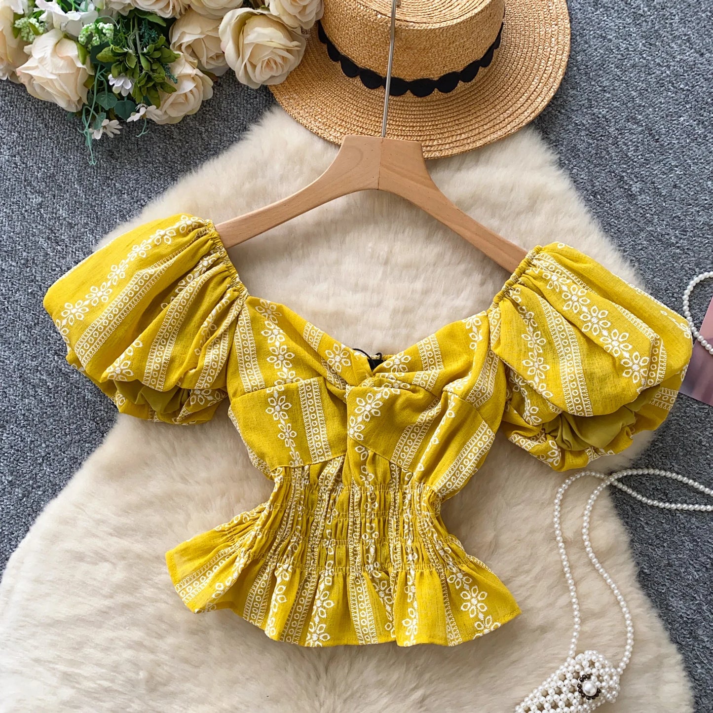 Jacquard Blouse Square Collar Puff Sleeves Elastic Slim Crop