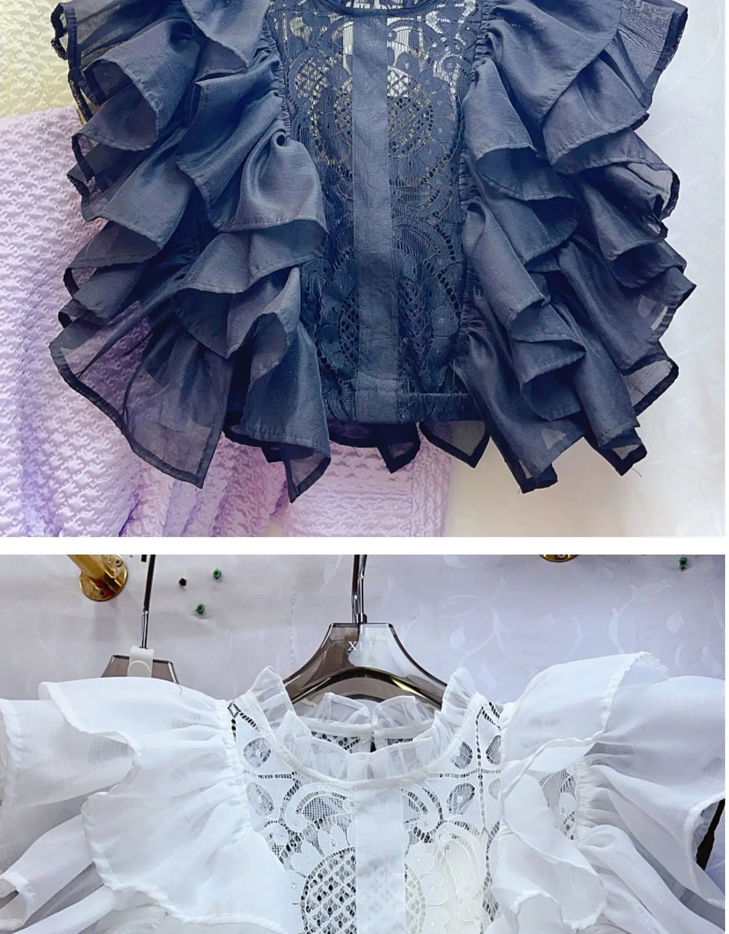 Women Blouse Shirts Stand Collar Y2k Tops Ruffles Lace Sexy Blouses