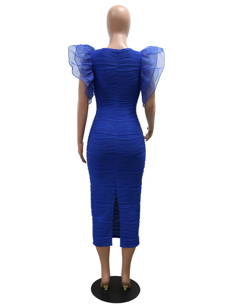 Women O Neck Ruffle Sleeves Package Hips Bodycon Dress Pencil Evening Birthday Dress
