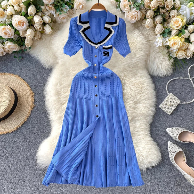Women Contrast Color Midi Dress Elegant Pockets Short Sleeves Button Down Dress
