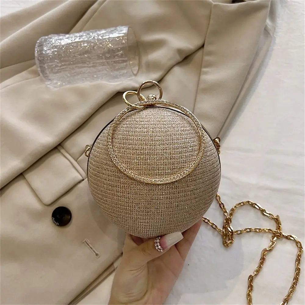 Gold Bright Silk Circular Evening Bag Women Banquet Clutch Rhinestone Chain Shoulder Bags