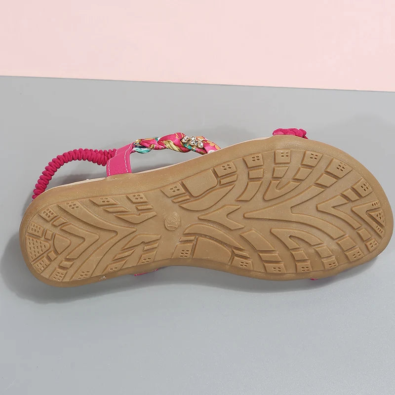 Flat Sandals for Women Rhinestone Elastic Back Strap Gladiator Sandals Woman Comfortable Non Slip Beach Shoes